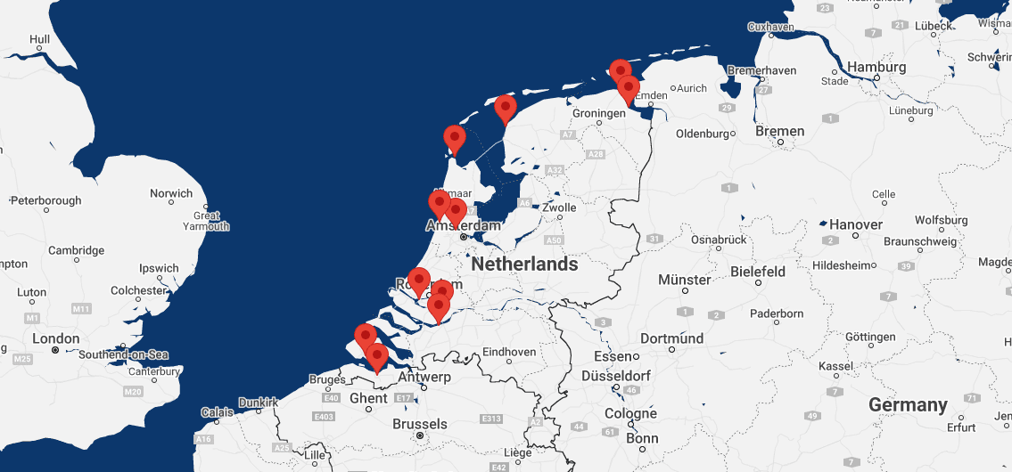 A map which shows the ports covered by Dutch P&I Correspondents